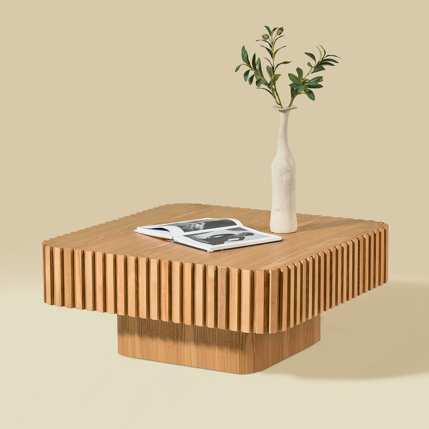 Modern 35.43 Inch Handcraft Drum Coffee Table Square Coffee Table for Living Room,Small Wooden Coffee Table with Sturdy MDF Pedesta,Narual Color image 1