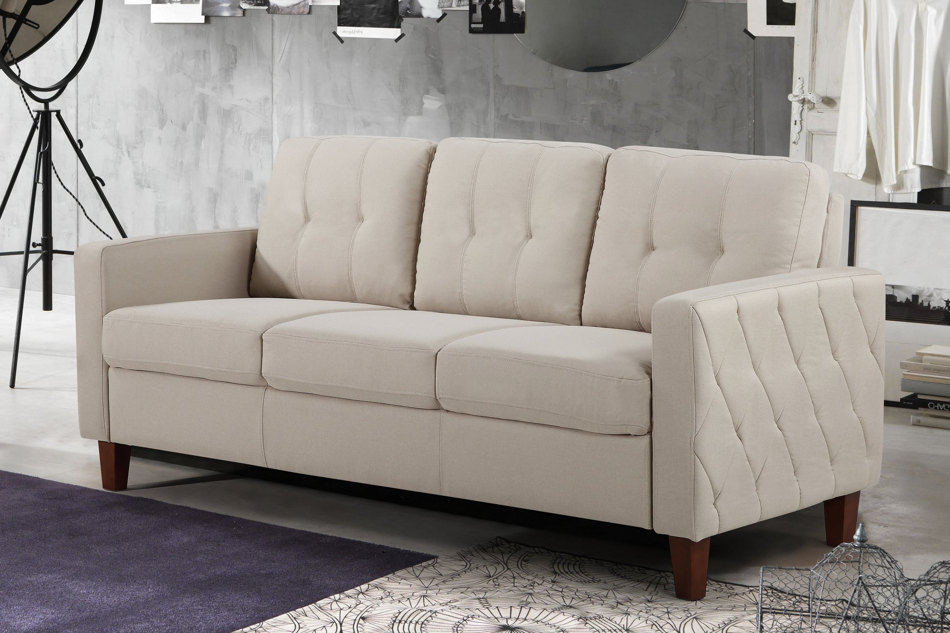 Piped Trim Square Arm Button Tufted Upholstered Accent Chair, Polyester Fabric Single Sofa Chair for Living Room image 1