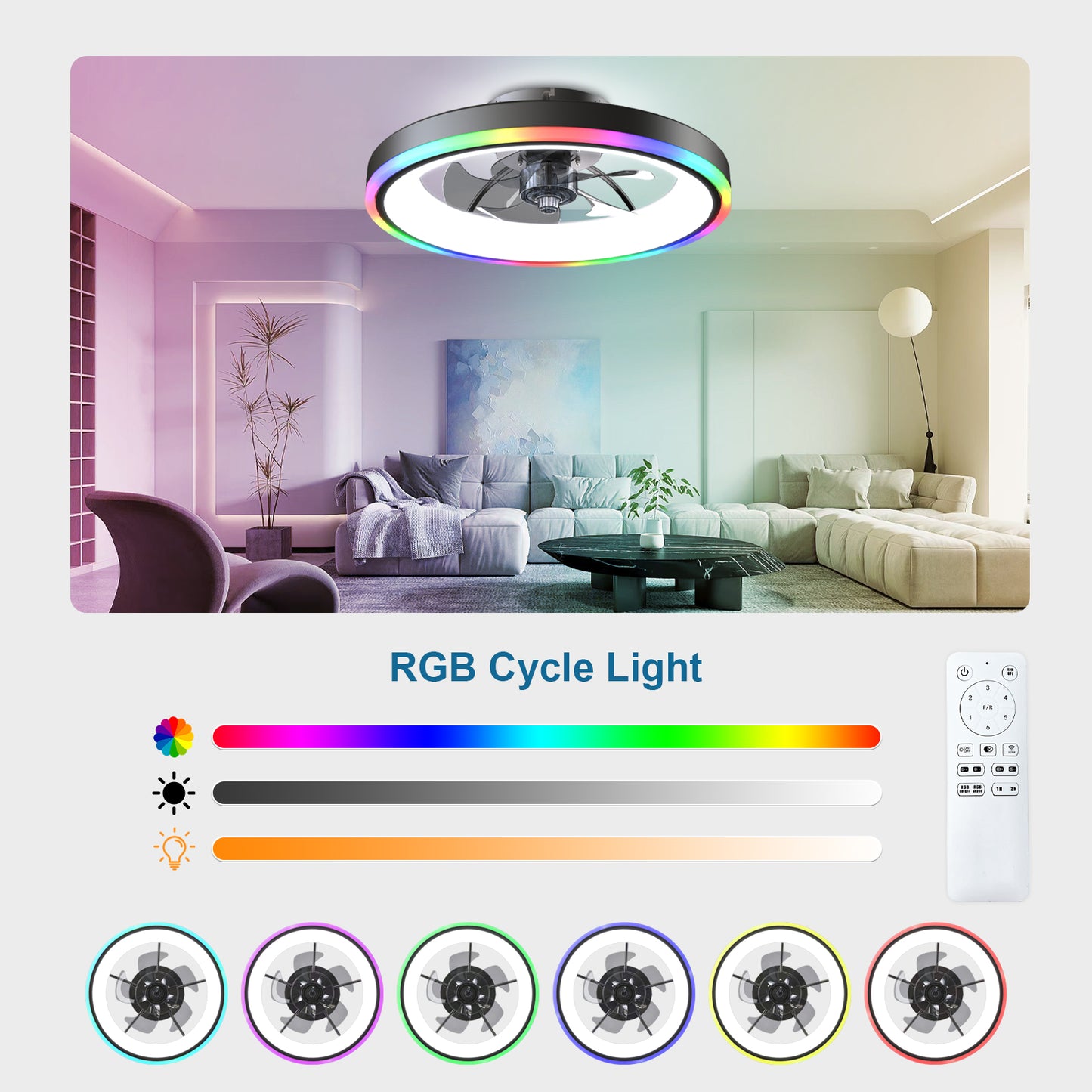 19.7" Modern RGB Ceiling Fan with Lights, Flush Mount Low Profile Fan with Remote & APP, 6-Speed Reversible Silent DC Motor, Dimmable 3000-6500K LED for Bedroom, Black image 5