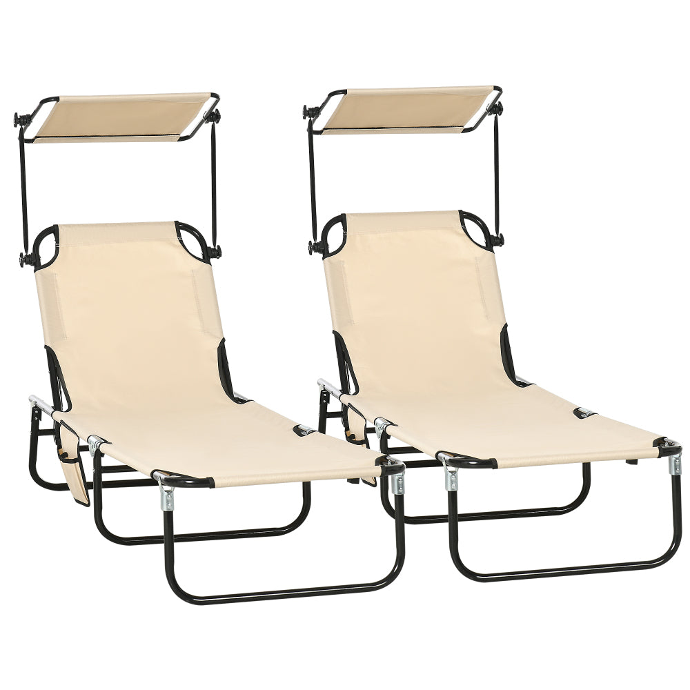 Outsunny Folding Chaise Lounge Pool Chairs, Outdoor Sun Tanning Chairs with Canopy Shade, Reclining Back, Steel Frame and Side Pocket for Beach, Yard, Patio, Tan