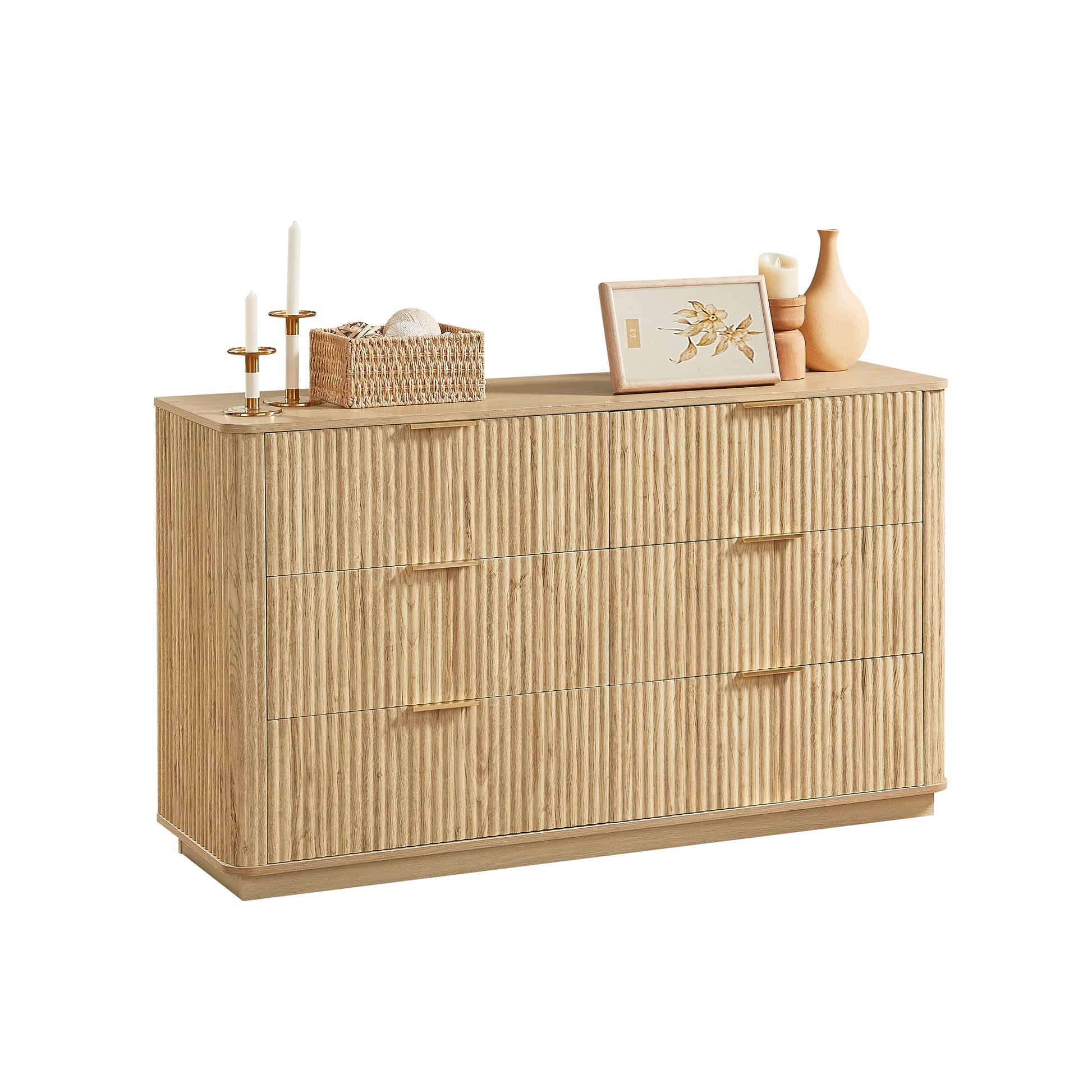 6 Drawers Dresser,55" Wide Modern Chest of Drawers Curved wave Design, Dresser TV Stand, Wood Drawer Organizer for Bedroom, Living Room, Hallway, Walnut,55.12''W x 15.75''D x 31.5''H. image 9