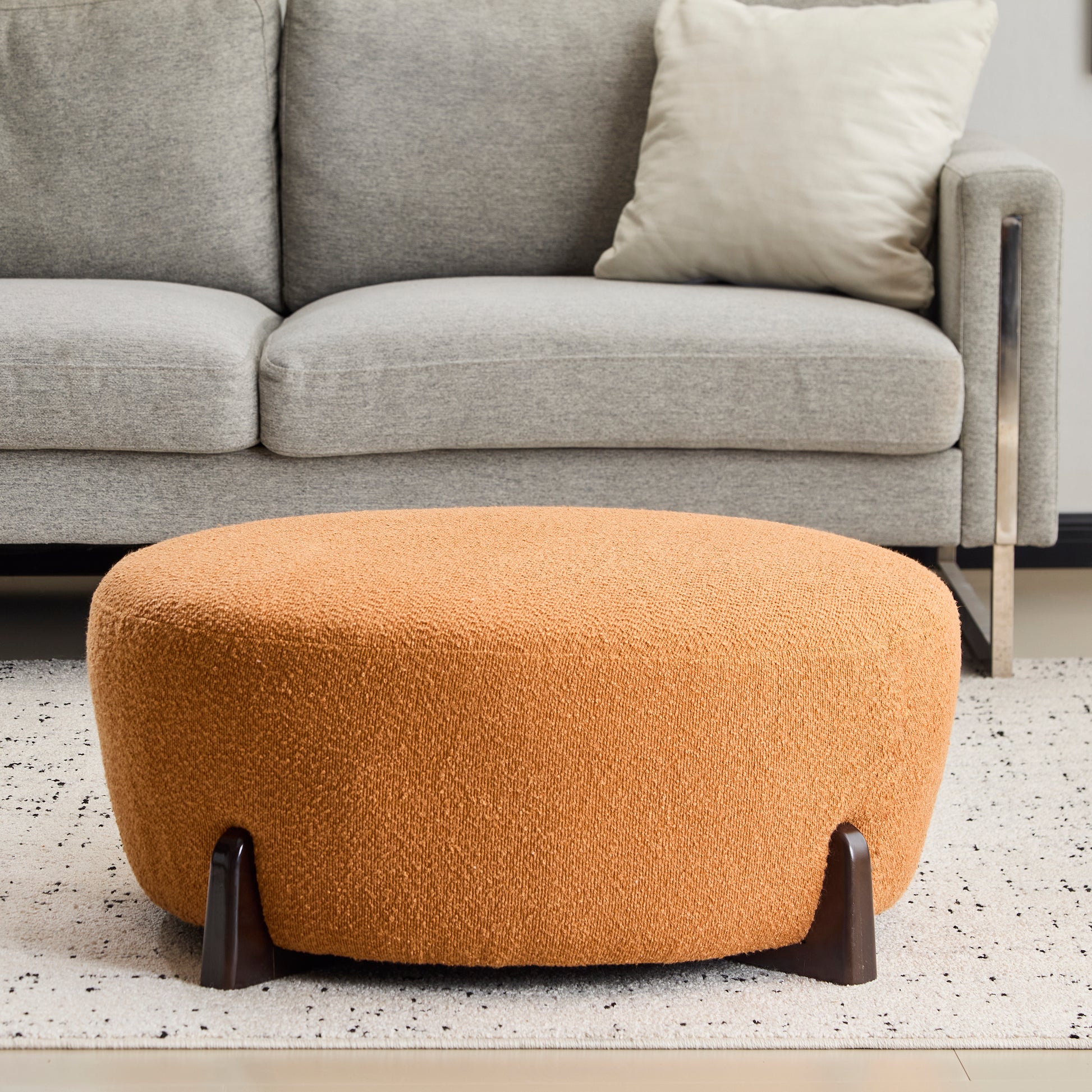 Modish Round Ottoman: Boucle Top with Splayed Rubber Wood Legs, Pumpkin Orange image 10