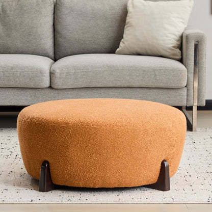 Modish Round Ottoman: Boucle Top with Splayed Rubber Wood Legs, Pumpkin Orange image 10