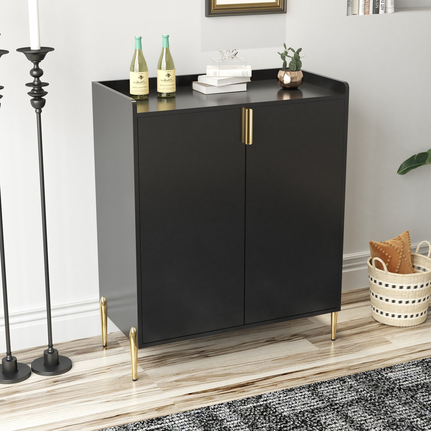 2 doors home wine bar cabinet with wine rack & adjustable storage shelf, modern sideboard with soft-closing hinge, dinning room buffet cabinet, Liquor Cabinet kitchen, living room coffee cart BLACK image 2