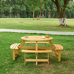 8-Person Outdoor Round Picnic Table Set with 4 Built-in Benches & Umbrella Hole - Perfect for Garden, Backyard, Porch & Patio - Natural Wood