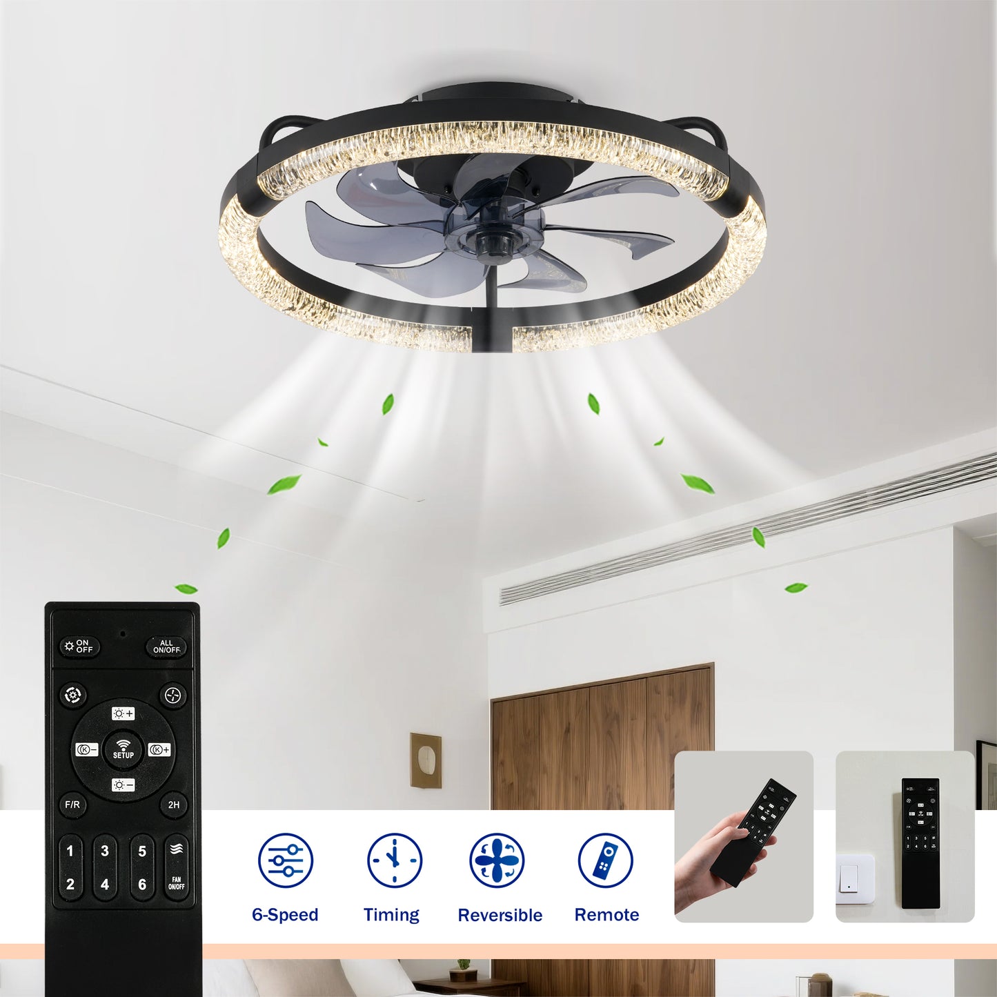 20" Ceiling Fans with Kit,LED Light Source and Remote Control, 3000-6500K Dimmable Modern Flush Mount LED Fan Light, 6 Speeds, Quiet DC Motor For Living room, Bedroom,Kitchen----Matte Black image 9