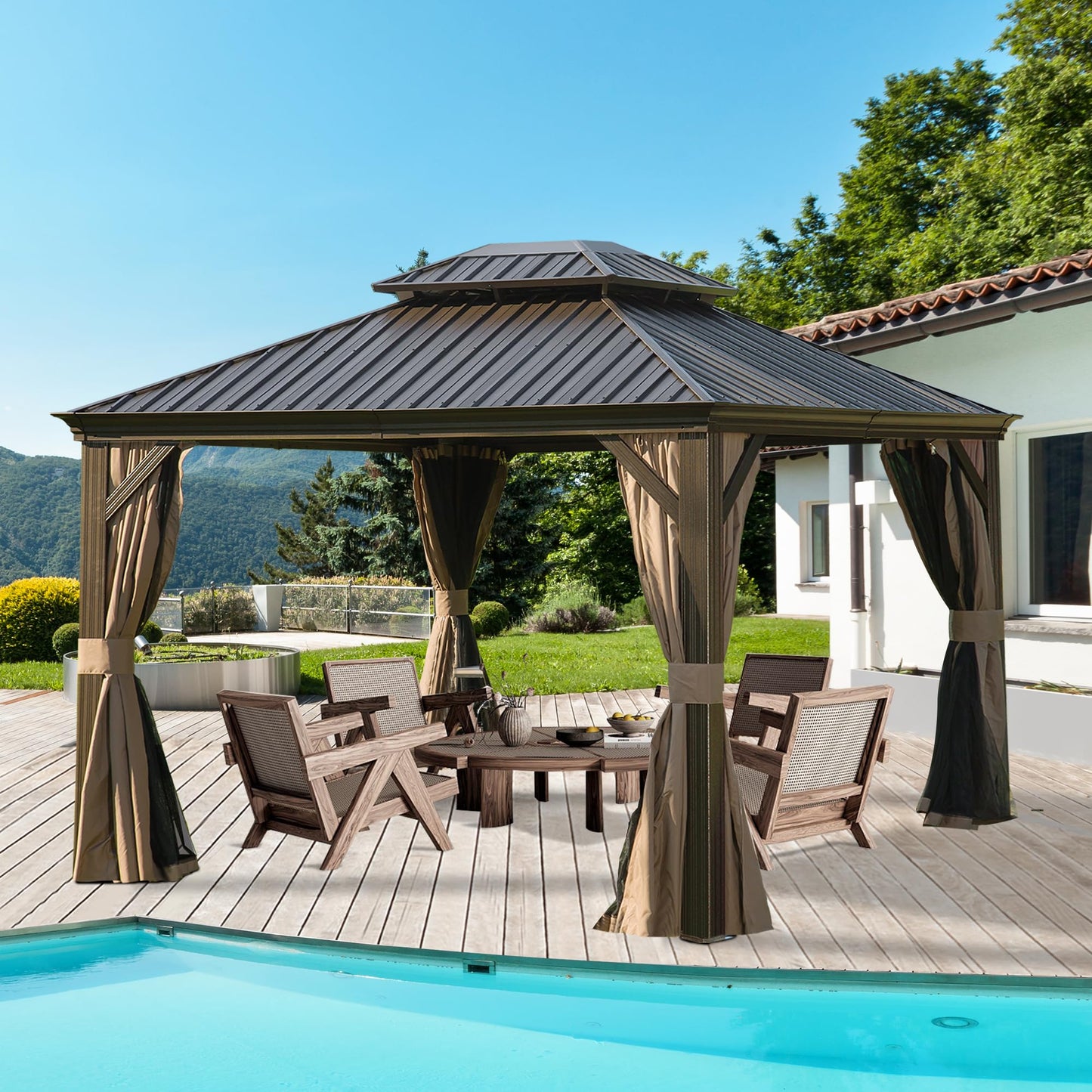 10' x 12' Hardtop Gazebo Permanent Metal Gazebo with Galvanized Steel Double Roof, Curtains and Netting for Party, Wedding, Outdoor Dining, Patio, Backyard, Brown image 2