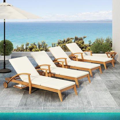 OUTDOOR RECLINER SIDE TABLE SET - COMES WITH 2 INCH CUSHION AND ADJUSTABLE BACKREST CHAISE LOUNGE WITH WHEEL & FOLDABLE AND ADJUSTABLE ACACIA WOOD SIDE TABLE FOR POOLSIDE PORCH image 8