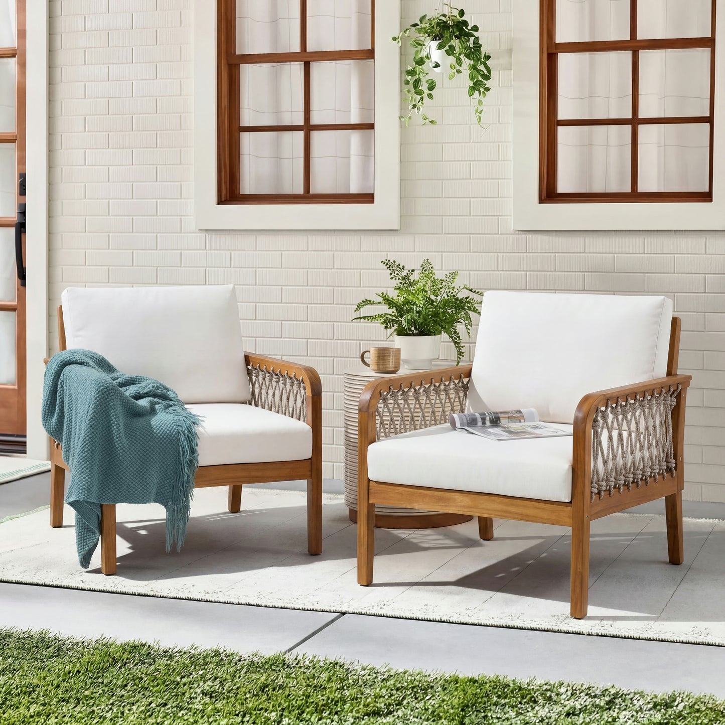 Outdoor Acacia Wood Club Chair with Handwoven Rope(Set of 2), Teak Finish image 1