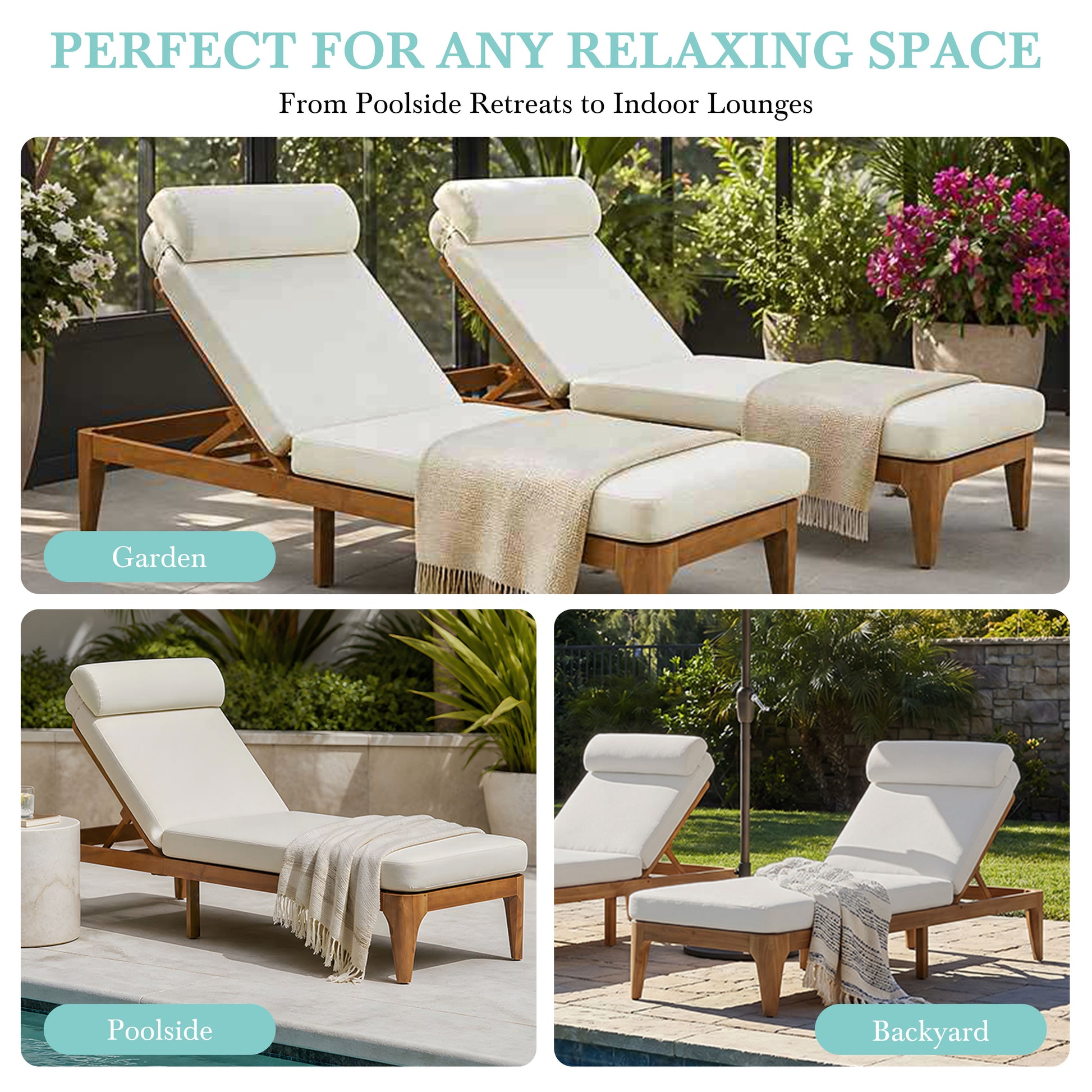 TOPMAX Acacia Wood Chaise Lounge, Outdoor Sun Lounge Chair, Patio Recliner with Adjustable Backrest and Head Pillow for Poolside, Backyard, Garden, Indoor&Outdoor, set of 2, Beige image 7