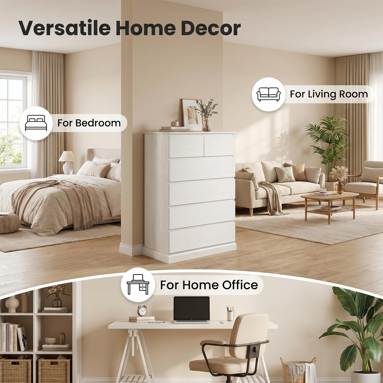 6 Drawers Dresser for Bedroom, Tall Dresser for Bedroom, Modern Chest of Drawers with Concealed Handles, Vertical Wood Storage Cabinet for Bedroom, Living Room, Entryway, White image 9