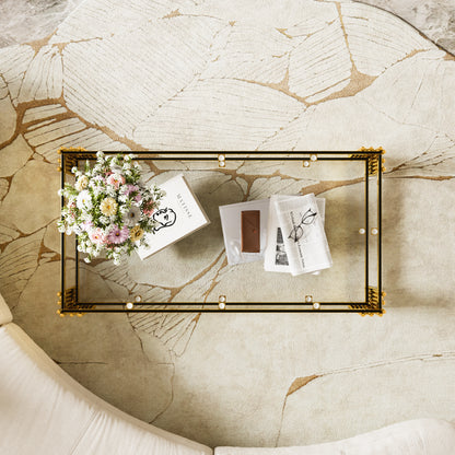 Modern Transparent Glass Coffee Table,Rectangle, Asymmetrical Metal, Gold Finish & Lower Shelf, 47.5" image 8