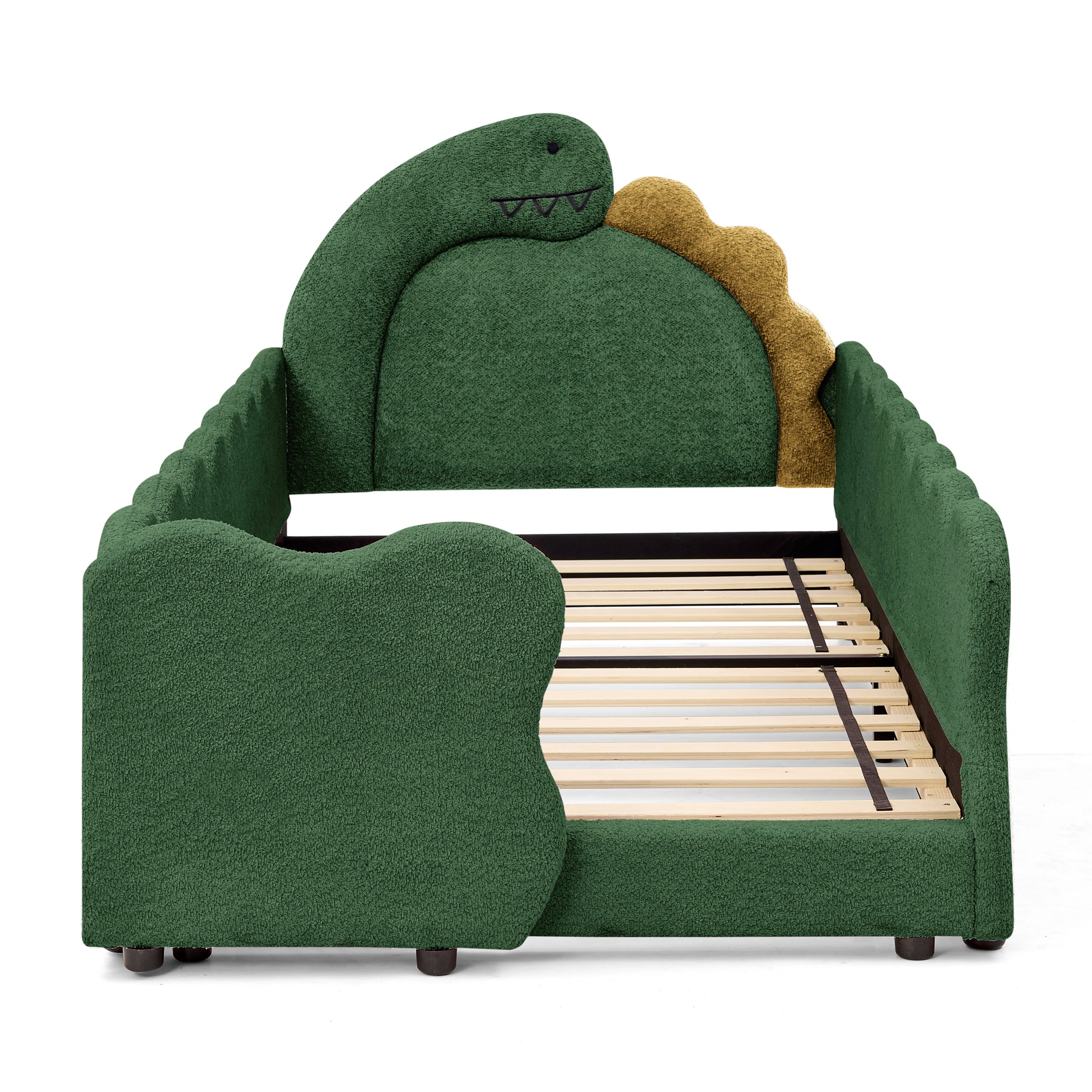 Twin Size Cute Dinosaur-Shaped Kids Bed with Safety Guardraild, Solid Wood Toddler Bed Frame for Children for Bedroom, Boucle Fabric image 8