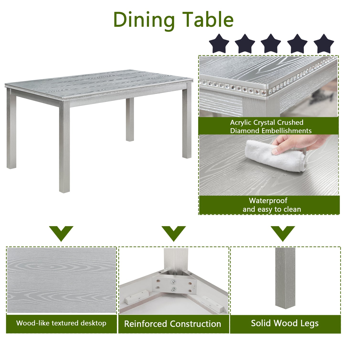 6 Piece Wooden Dining Table Set, Wooden Dining Table with 4 Upholstered Chairs and Bench for 6 People, Rectangular Dining Table Set with Crystal Decoration for Kitchen, Dining Room, Silver grey image 6
