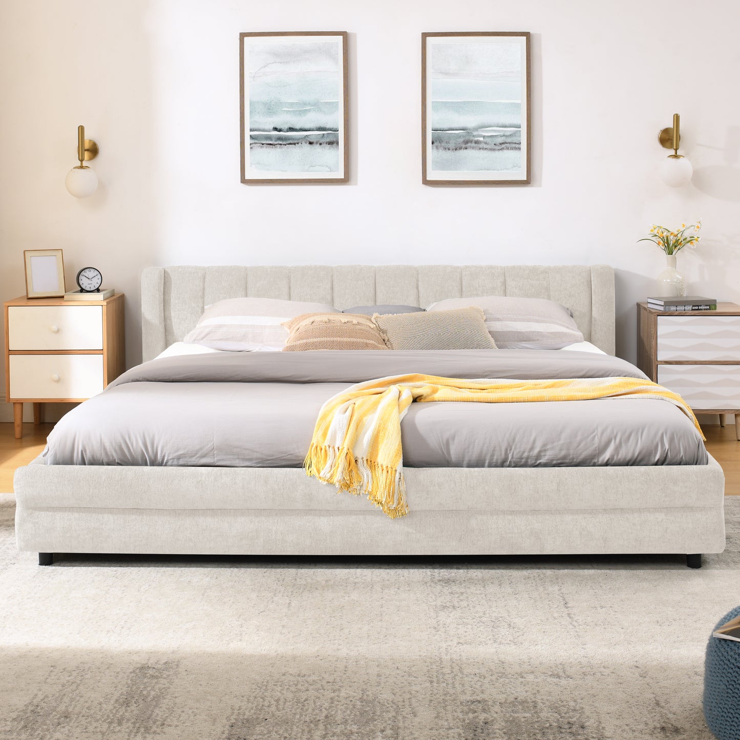 King Size Upholstered Bed Frame with Thick Fabric, comfortable upholstered bed frame, Chenille fabric, with headboard and solid bed frame. With drawer for storage-Beige(86.5''*84''*29.5'') image 5