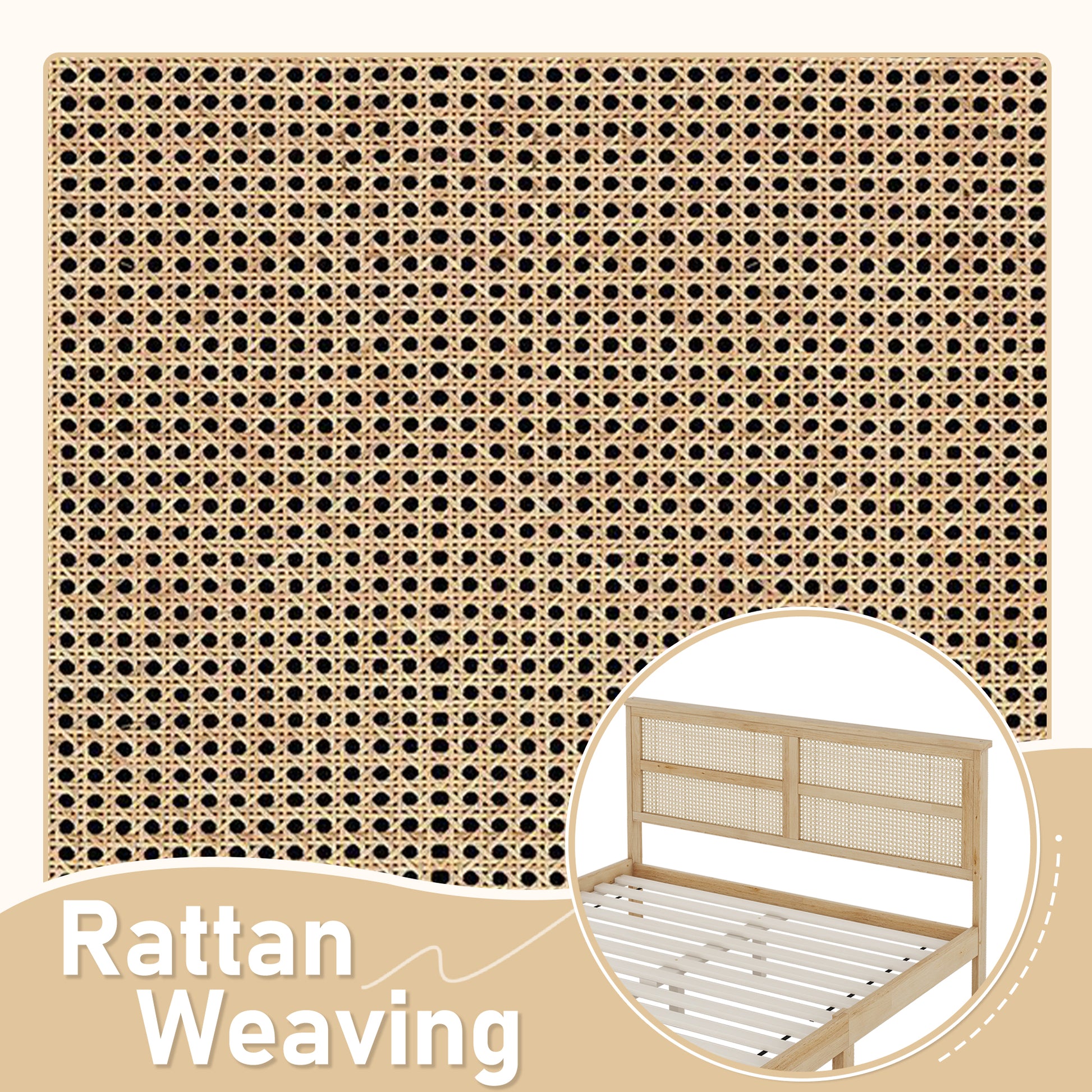 Queen Size Rubber Wooden, Solid Wooden Bed with Rattan Headboard, Enhanced by Support Feet,Natural image 5