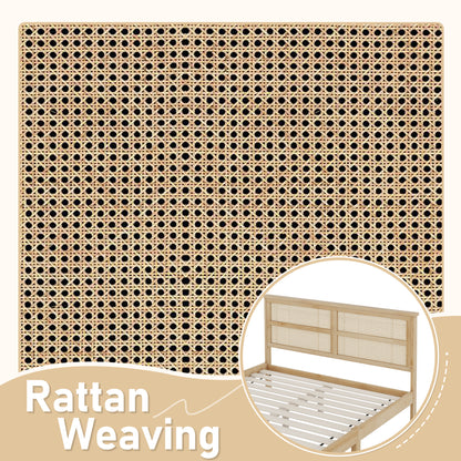 Queen Size Rubber Wooden, Solid Wooden Bed with Rattan Headboard, Enhanced by Support Feet,Natural image 5