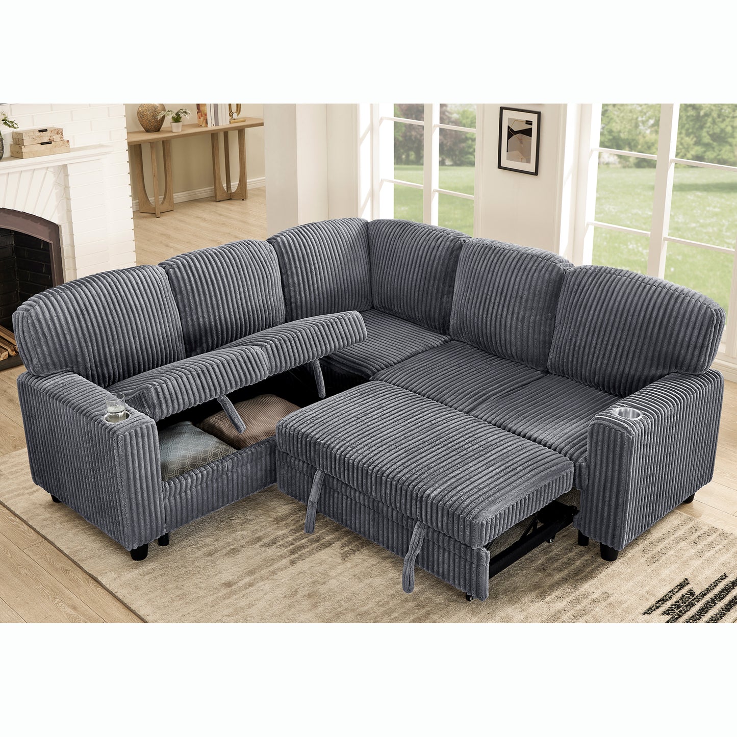 L-Shaped Sectional Sofa Bed with Pull-Out Bed & Storage, 5-Seat Sleeper Couch with USB Charging, Convertible Design for Living Room, Apartment, Corduroy Fabric, Grey image 1