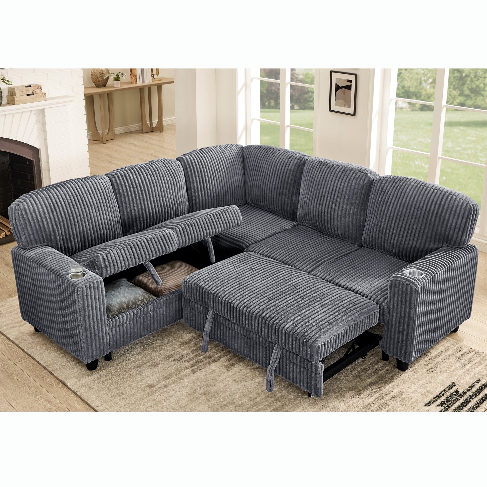 L-Shaped Sectional Sofa Bed with Pull-Out Bed & Storage, 5-Seat Sleeper Couch with USB Charging, Convertible Design for Living Room, Apartment, Corduroy Fabric, Grey image 1
