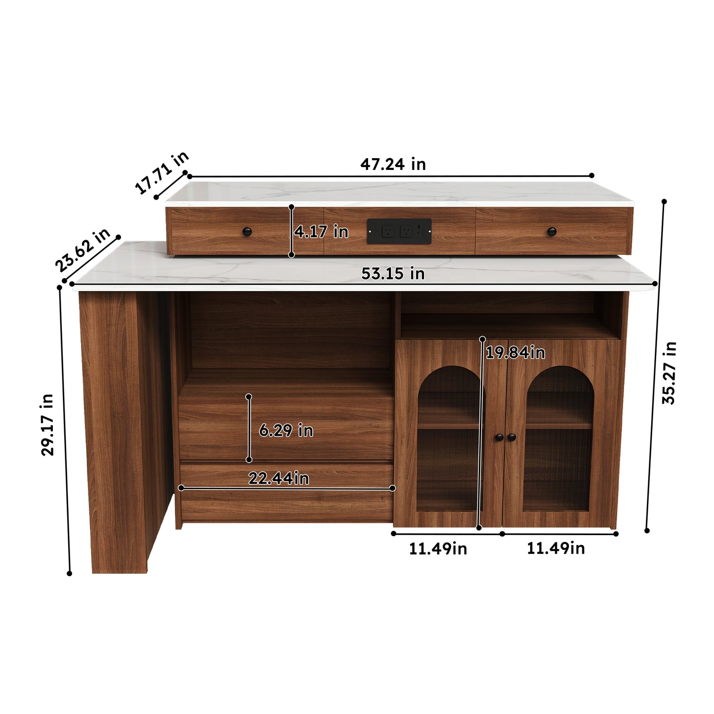 Kitchen Island with Extendable & Rotating Table, MDF with Walnut Veneer Retro Design, 4 Drawers & Glass Door Cabinets with Built-in Socket, Expandable Dining Station for 2-4 Person (Walnut) image 10