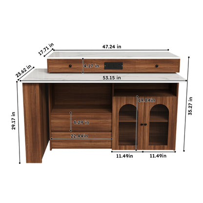 Kitchen Island with Extendable & Rotating Table, MDF with Walnut Veneer Retro Design, 4 Drawers & Glass Door Cabinets with Built-in Socket, Expandable Dining Station for 2-4 Person (Walnut) image 10