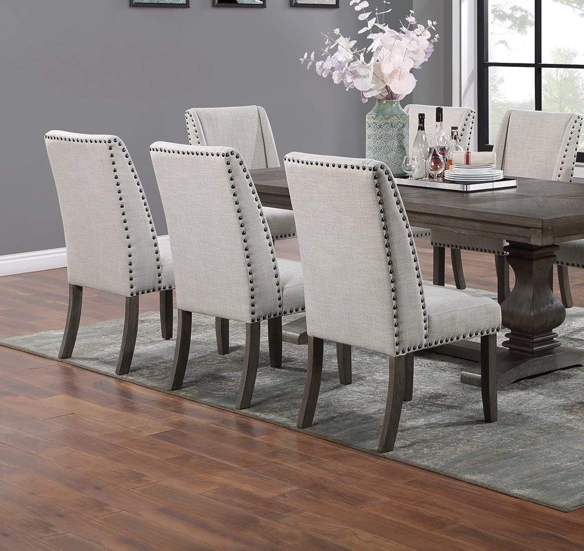 Traditional Formal 2pc Side Chairs Upholstered Wingback Design Oak Finish Dining Room Furniture Nailhead Trims Dining Chairs image 5