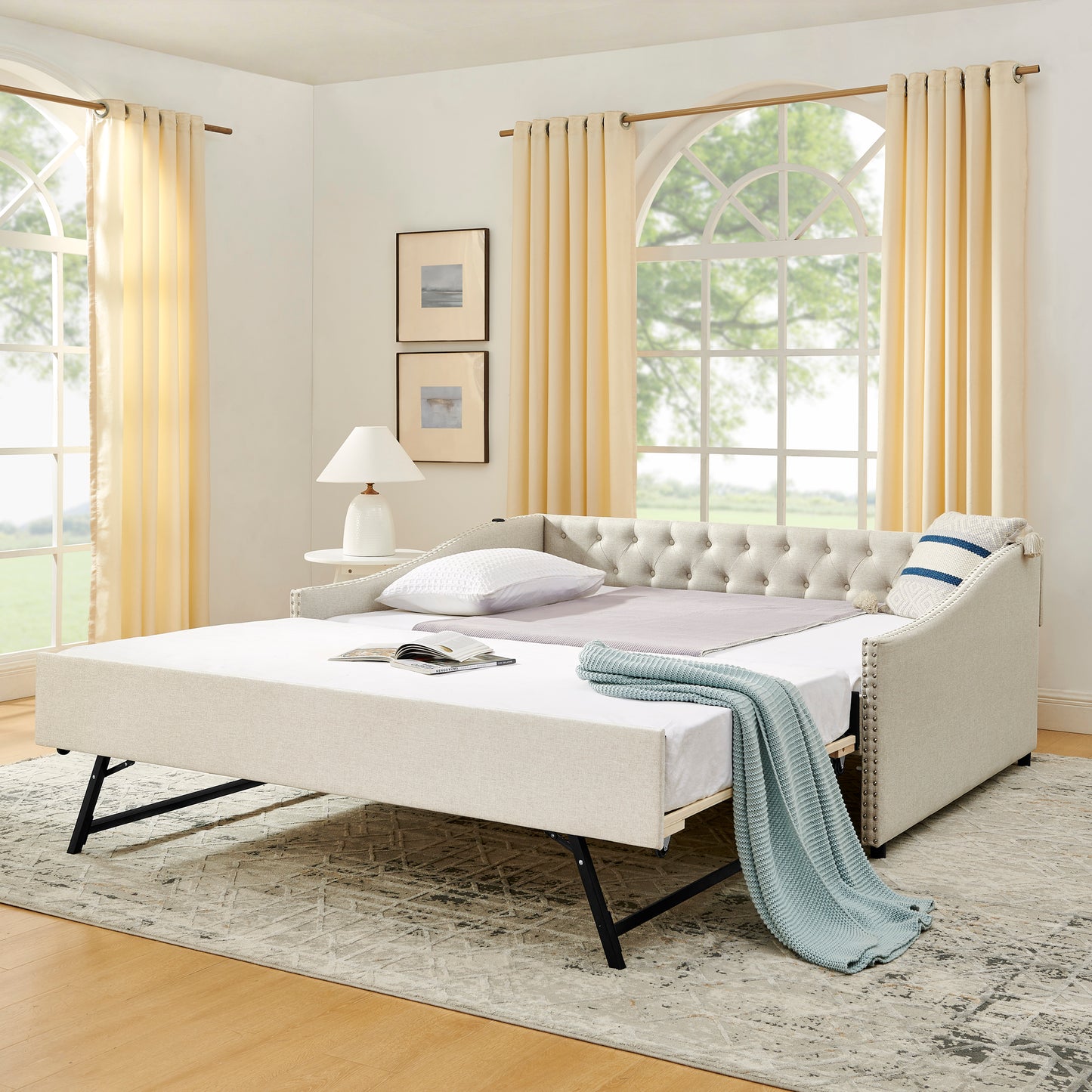 Full Size Daybed with USB Charging & Twin Size Pull-out Extendable Bed, with Button on Back and Copper Nail on Waved Shape Arms image 1