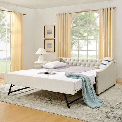 Full Size Daybed with USB Charging & Twin Size Pull-out Extendable Bed, with Button on Back and Copper Nail on Waved Shape Arms image 1