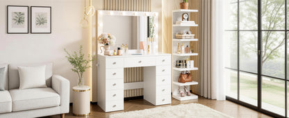 Vanity Desk with 11 Hollywood Bulbs & 7-Tier Storage Shelves, Makeup Vanity Desk with Power Outlet and 11 Drawers, 3 Color Lighting Modes, Dressing Table with Display Shelf Crystal Handles,White image 11