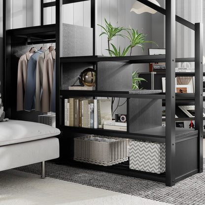 Queen Size Loft Bed with Stairs, Metal Queen Loft Bed with Storage Shelves, High Loft Bed with Wardrobe for Kids Teens Adults, Black(Old skuW2580S00038) image 6