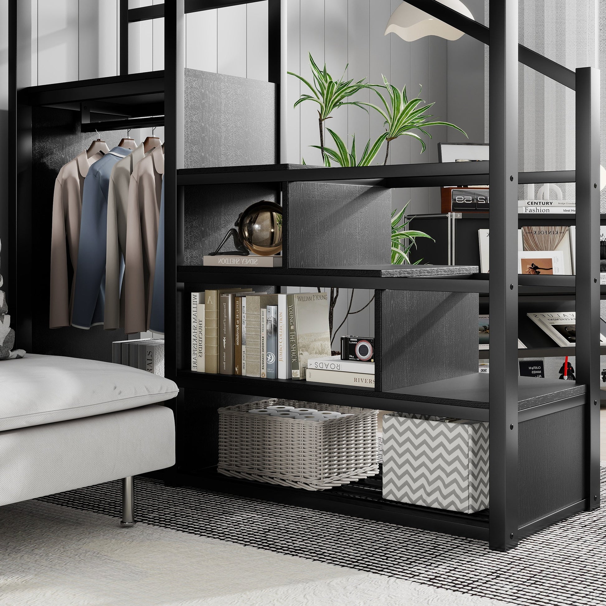 Queen Size Loft Bed with Stairs, Metal Queen Loft Bed with Storage Shelves, High Loft Bed with Wardrobe for Kids Teens Adults, Black image 6