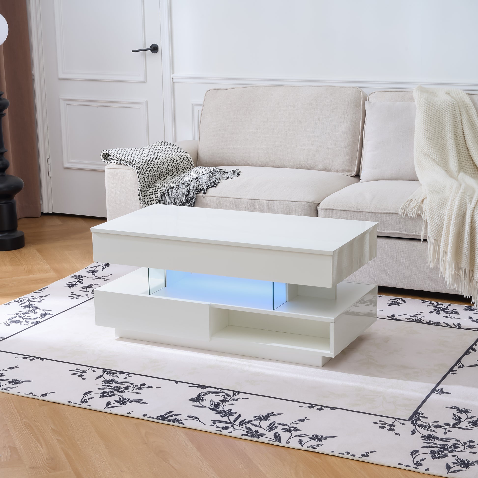39.3" Lift Top Coffee Table with Hidden Compartment, 2 Storage Drawers and Ajustable LED Lights,Modern Multifunction Coffee Tables for Living Room, Bedroom,Office(White) image 10