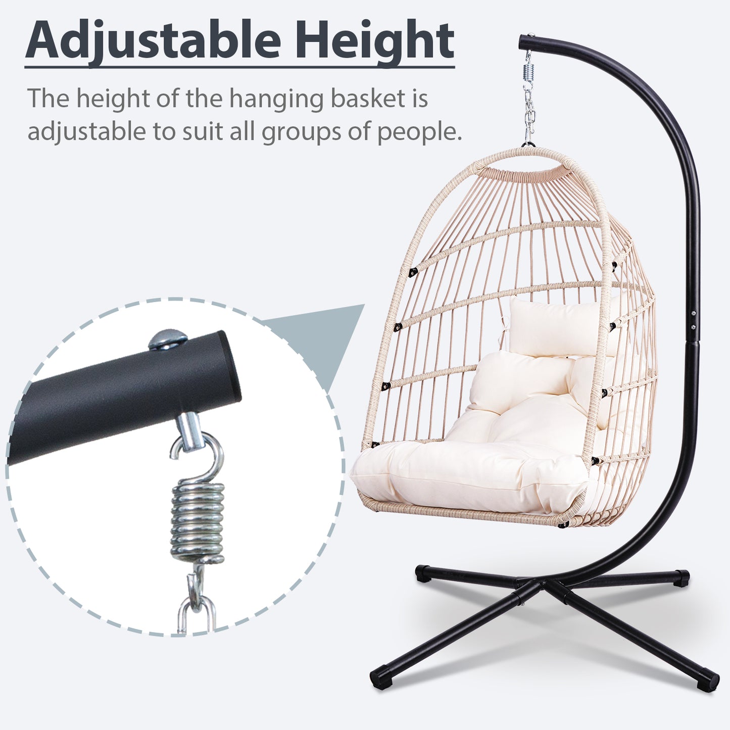 Foldable Hanging Egg Chair with Stand and Pillow, HDPE Rattan and Heavy Duty Aluminum-Steel Frame, Outdoor Patio Wicker Swing Egg Chair with Headrest and Cushioned, 350 Lbs Capacity (White) image 3