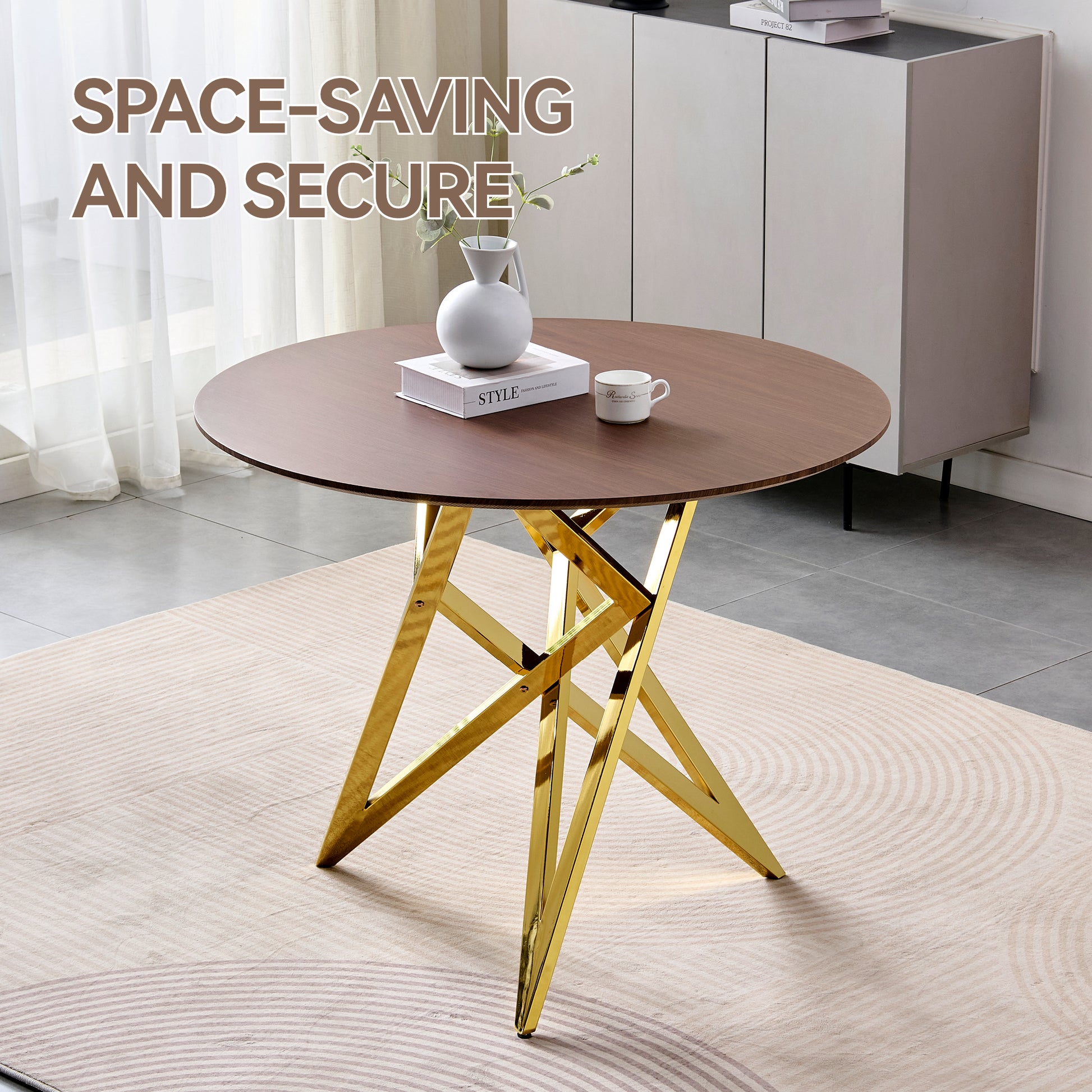 37Inch Round Dining Table, Small Round Kitchen Table With Golden Metal Legs, Suitable For 2 To 4 People, Modern Dining Room Table, Brown, Walnut Color. image 3