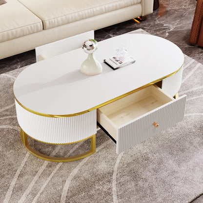 Modern Oval Coffee Table with Drawers,Curved Profile Design, Gold Metal Decor, Center Table for Living Room in 47.2" image 4