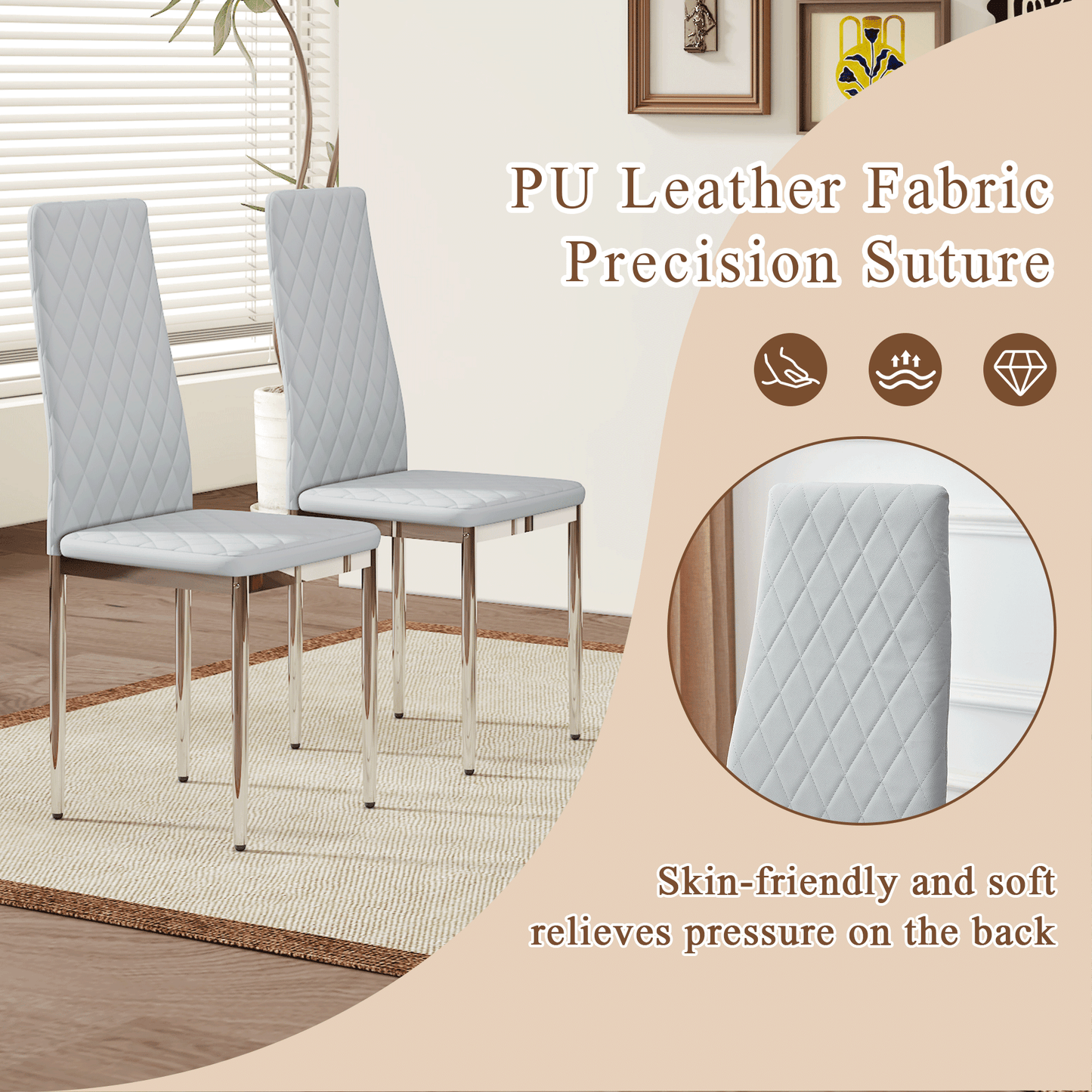 Modern Style Dining Chairs Set of 4 in Light Gray, Essential for Minimalist Homes.Meeting Family Dining Needs,PU Material Seat,Silver Metal Legs,Blending into Various Home Environments.W1151107274 image 7