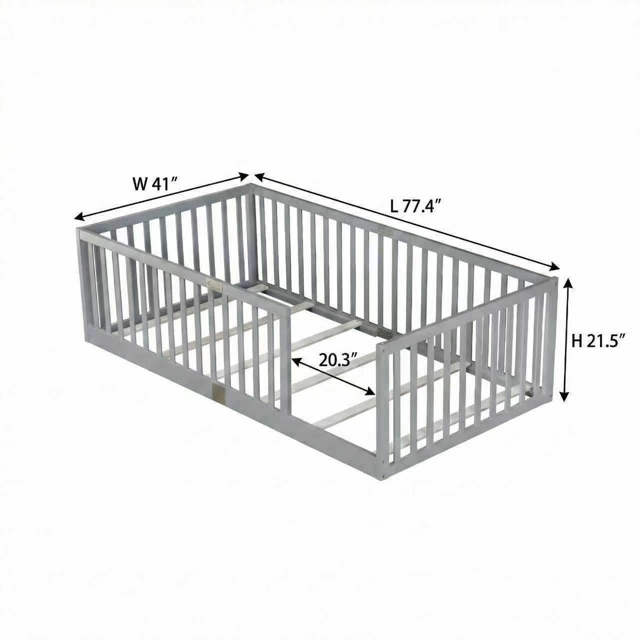 Twin Size Floor Bed with High Fence Railings, 6 Slats Included, Rubber Wood Floor Bed with Safety Guardrails, without Door,Grey image 8