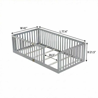 Twin Size Floor Bed with High Fence Railings, 6 Slats Included, Rubber Wood Floor Bed with Safety Guardrails, without Door,Grey image 8