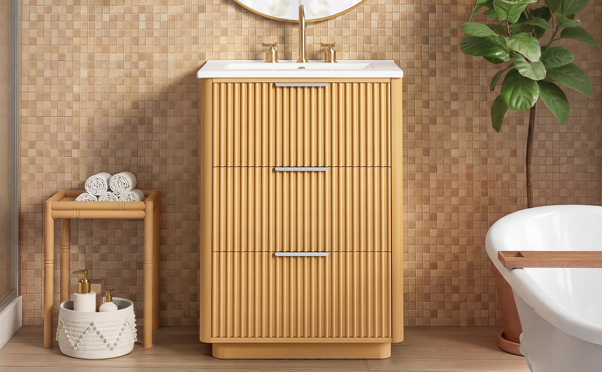 24 inch Modern Luxury Bathroom Vanity with Ceramic Sink, Bathroom Cabinet with Open Shelf and Closed Storage image 11