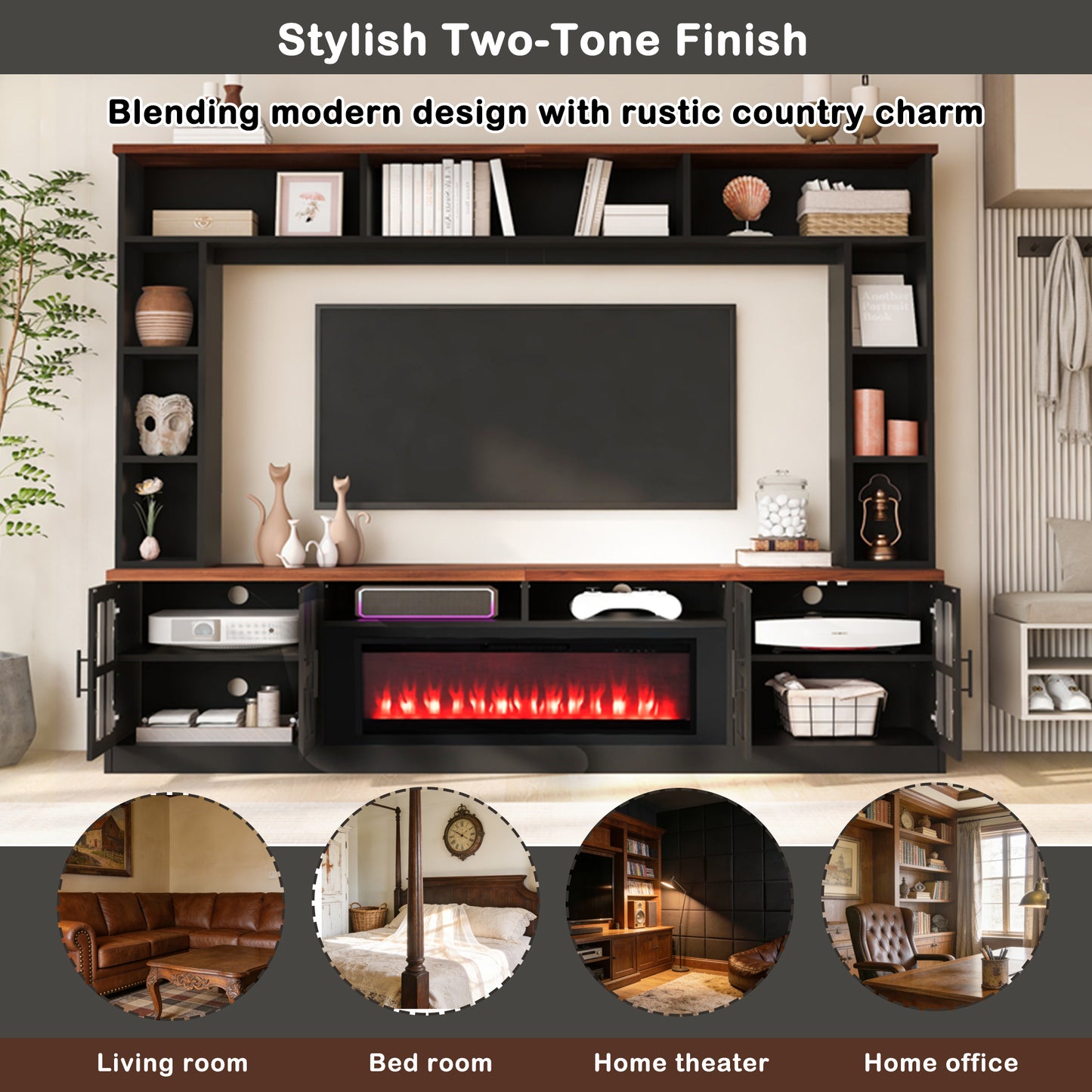 U-Can 95.5" W Wall Unit Entertainment Center with Bookshelves for TVs up to 80", Modern TV Stand Media Console with electric fireplace Cabinets, and Adjustable Shelves for Living Room image 7
