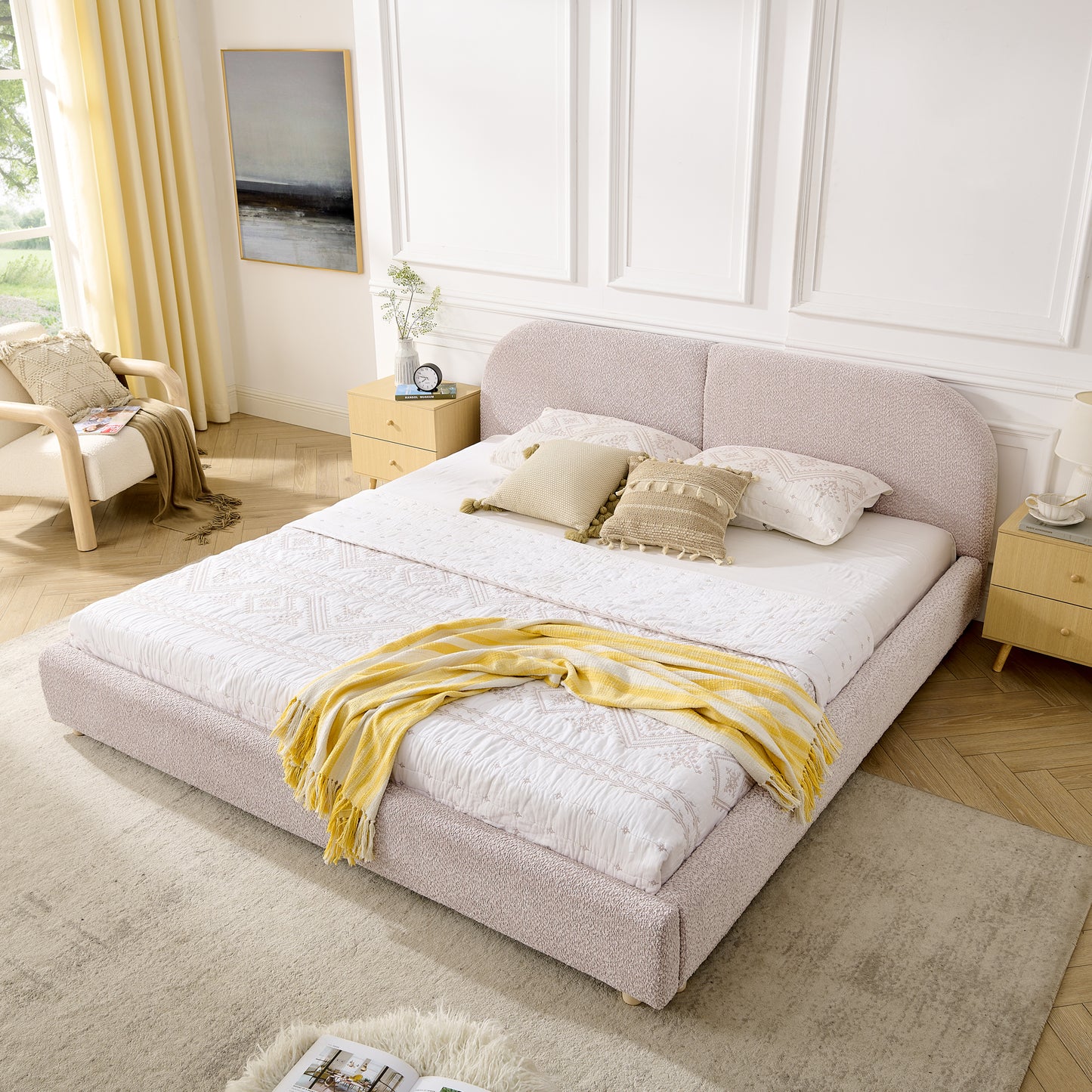 King Size Upholstered Bed Frame, Modern Minimalist Style with Tall Curved Headboard, Premium Circle Yarn Fabric & Sturdy Leg Support, Mattress Not Included-Pink image 2