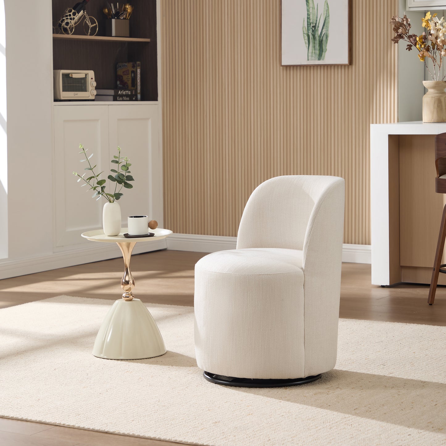 Set Of 1 Upholstered Kitchen & Dining Room Barrel Chair, Mid Century Modern Round Linen Dining Chair, 360 Degree Swivel Comfy Armless Accent Makeup Vanity Side Chair for Bedroom Living Room image 7