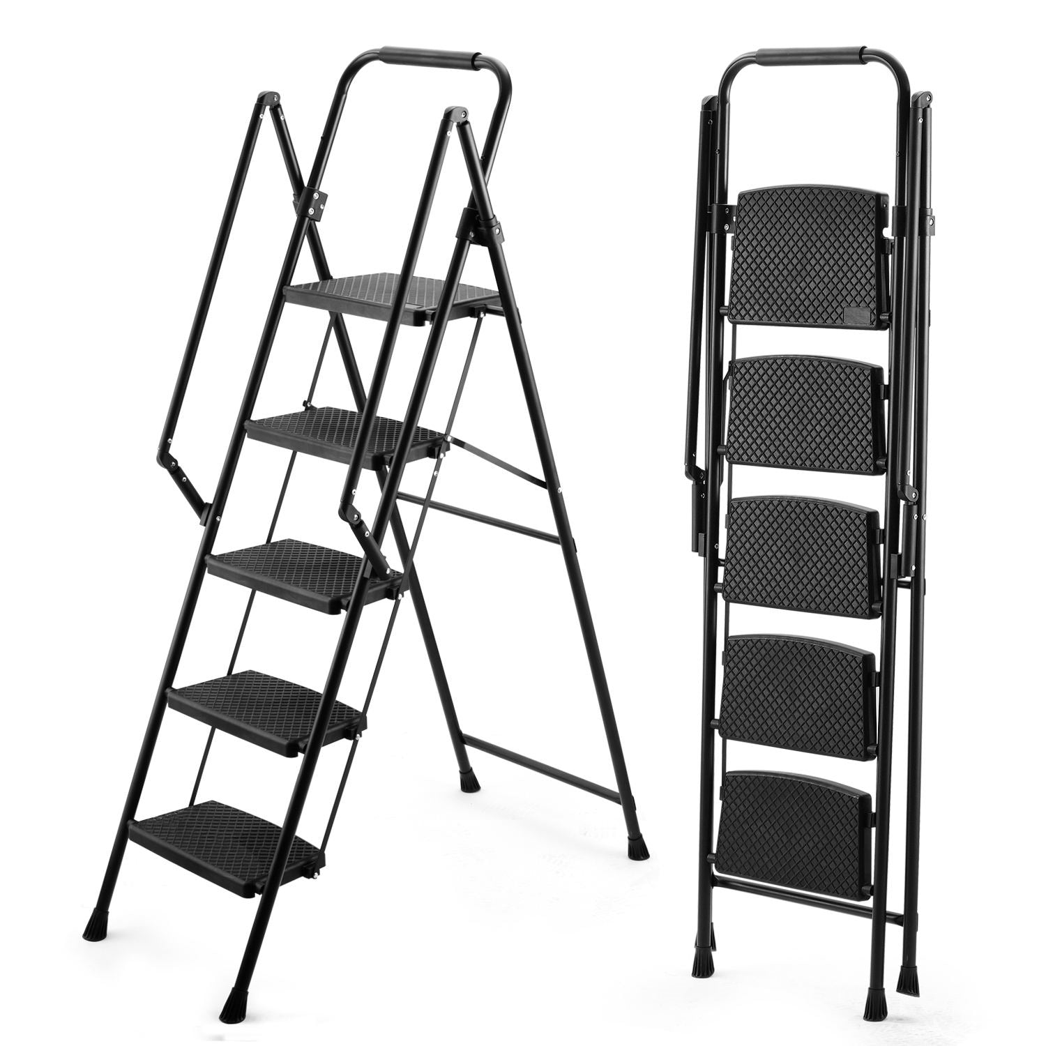 5-step ladder, folding ladder stool, with anti slip wide pedals, steel ladder, with safety anti slip handle, lightweight 330 pound portable steel ladder stool in black image 1