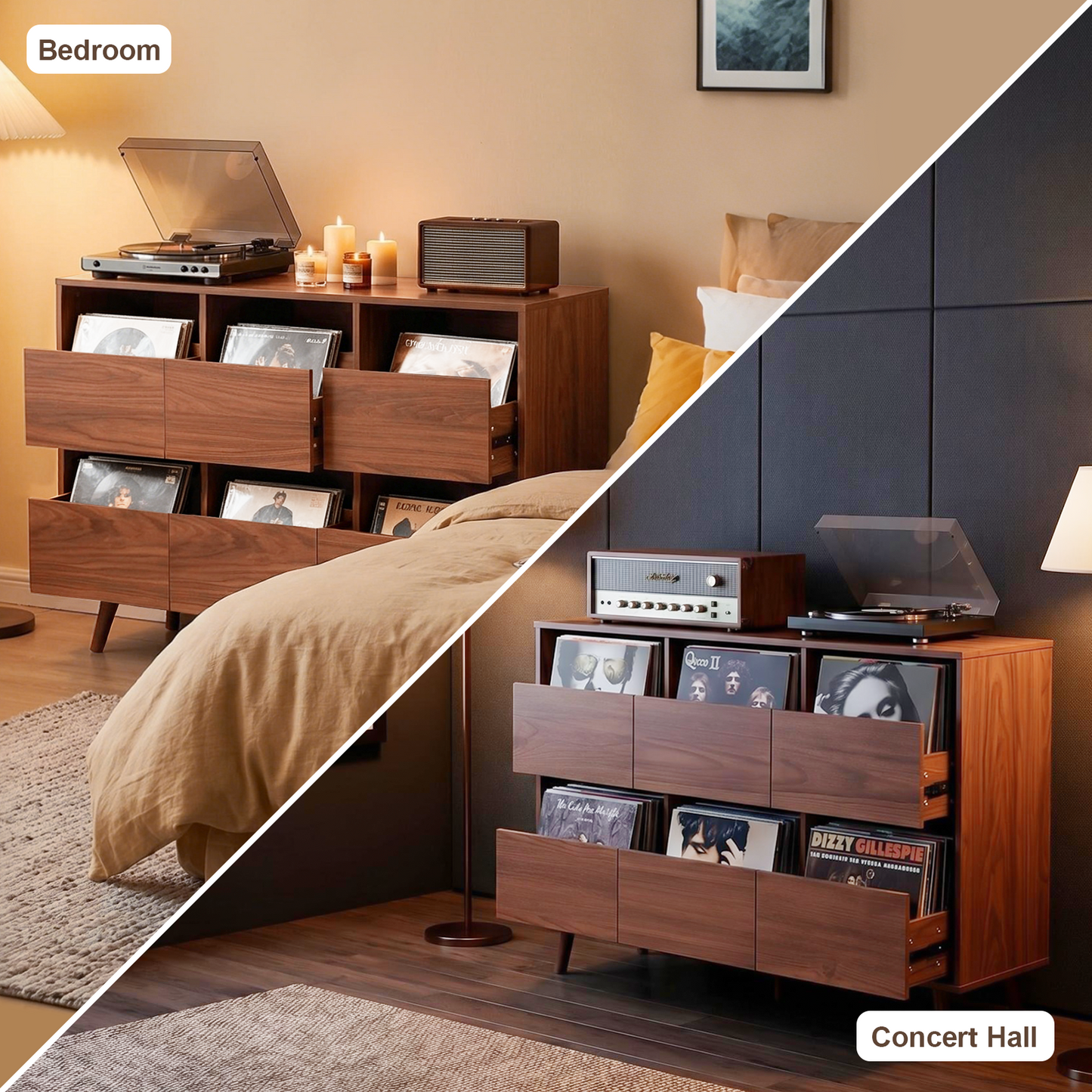Mid century turntable stand with vinyl records in compartments