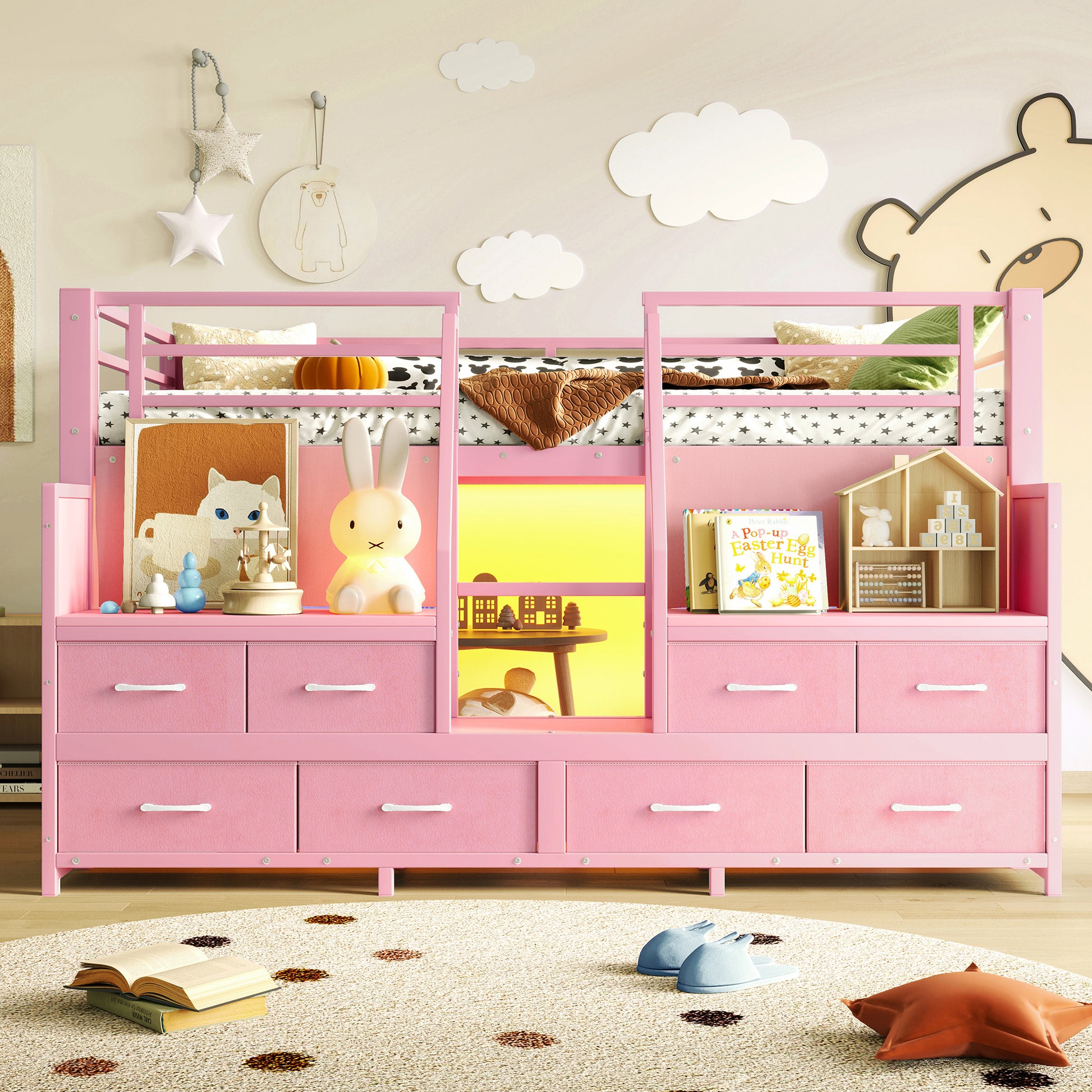Twin Low Loft Bed with Multi-Storage Spaces, Including Fabric Drawers, Fabric Shelves Beside the Bed, Storage Stairs, Metal Loft Bed with Lights and Ample Under-bed Spaces, Pink image 4
