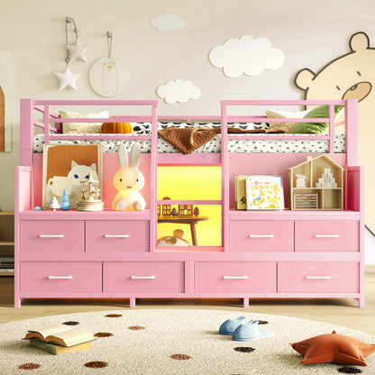 Twin Low Loft Bed with Multi-Storage Spaces, Including Fabric Drawers, Fabric Shelves Beside the Bed, Storage Stairs, Metal Loft Bed with Lights and Ample Under-bed Spaces, Pink image 4