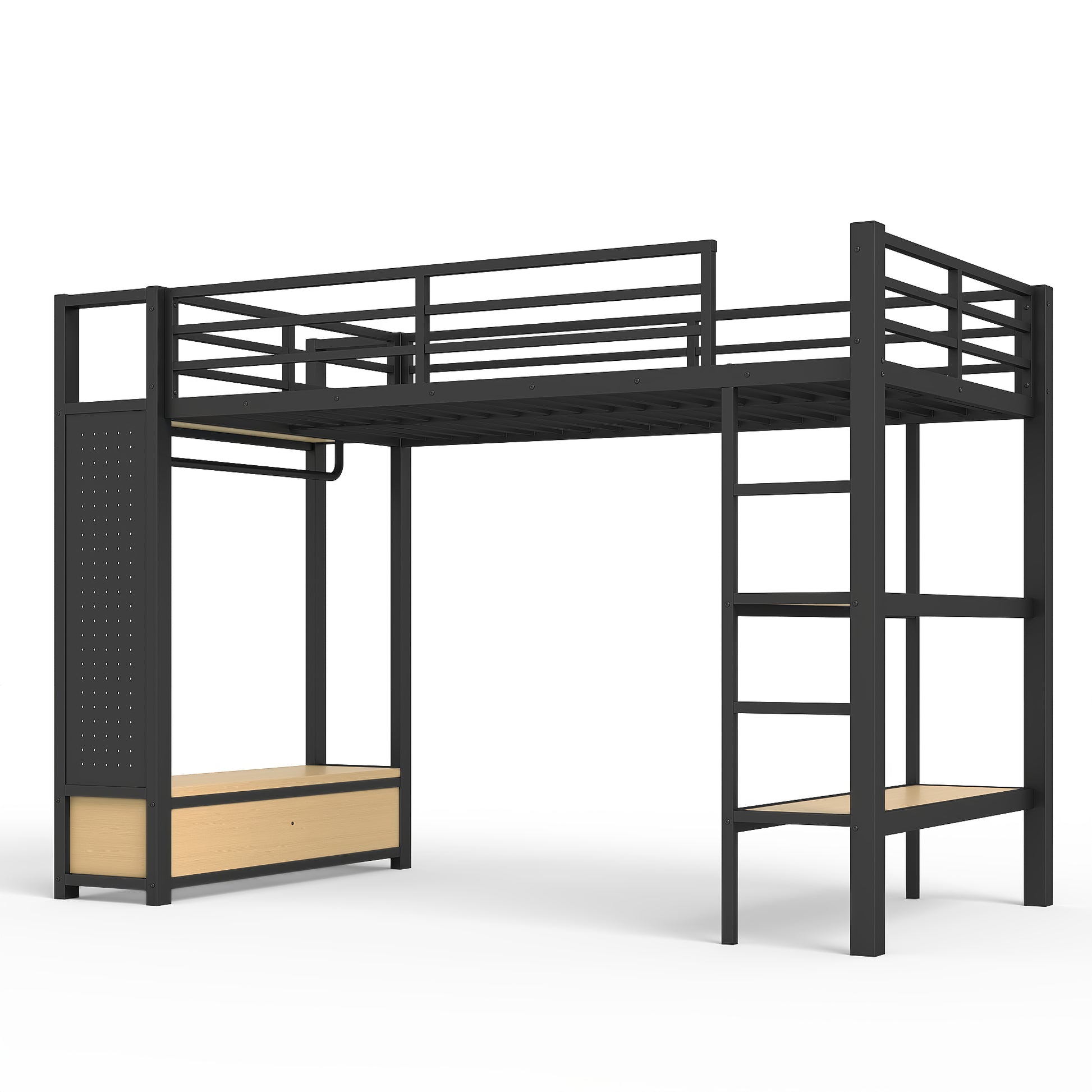 Twin XL size Loft Bed Frame with Wardrobe,Metal Loft Bed with Storage Shelves and Pegboard,Black image 8