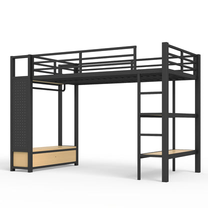 Twin XL size Loft Bed Frame with Wardrobe,Metal Loft Bed with Storage Shelves and Pegboard,Black image 8