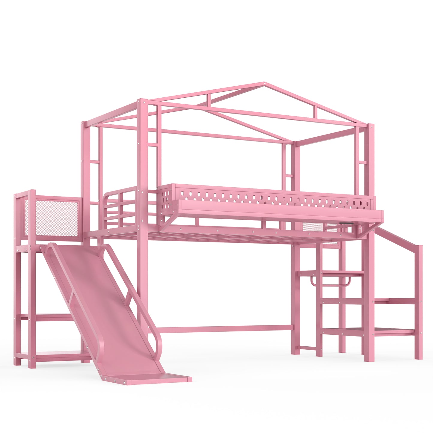 Twin Size Loft Bed with Storage Stairs, Shelves and Built-in Wardrobe, Metal Loft Bed Frame with USB Ports and LED Lights, Noise-reduced Design, Pink image 10