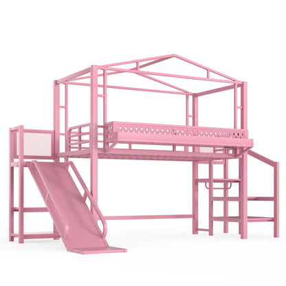 Twin Size Loft Bed with Storage Stairs, Shelves and Built-in Wardrobe, Metal Loft Bed Frame with USB Ports and LED Lights, Noise-reduced Design, Pink image 10